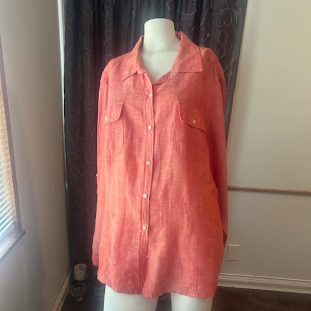 Dalia Collection Linen Blend roll tab sleeves button up shirt, size 3X